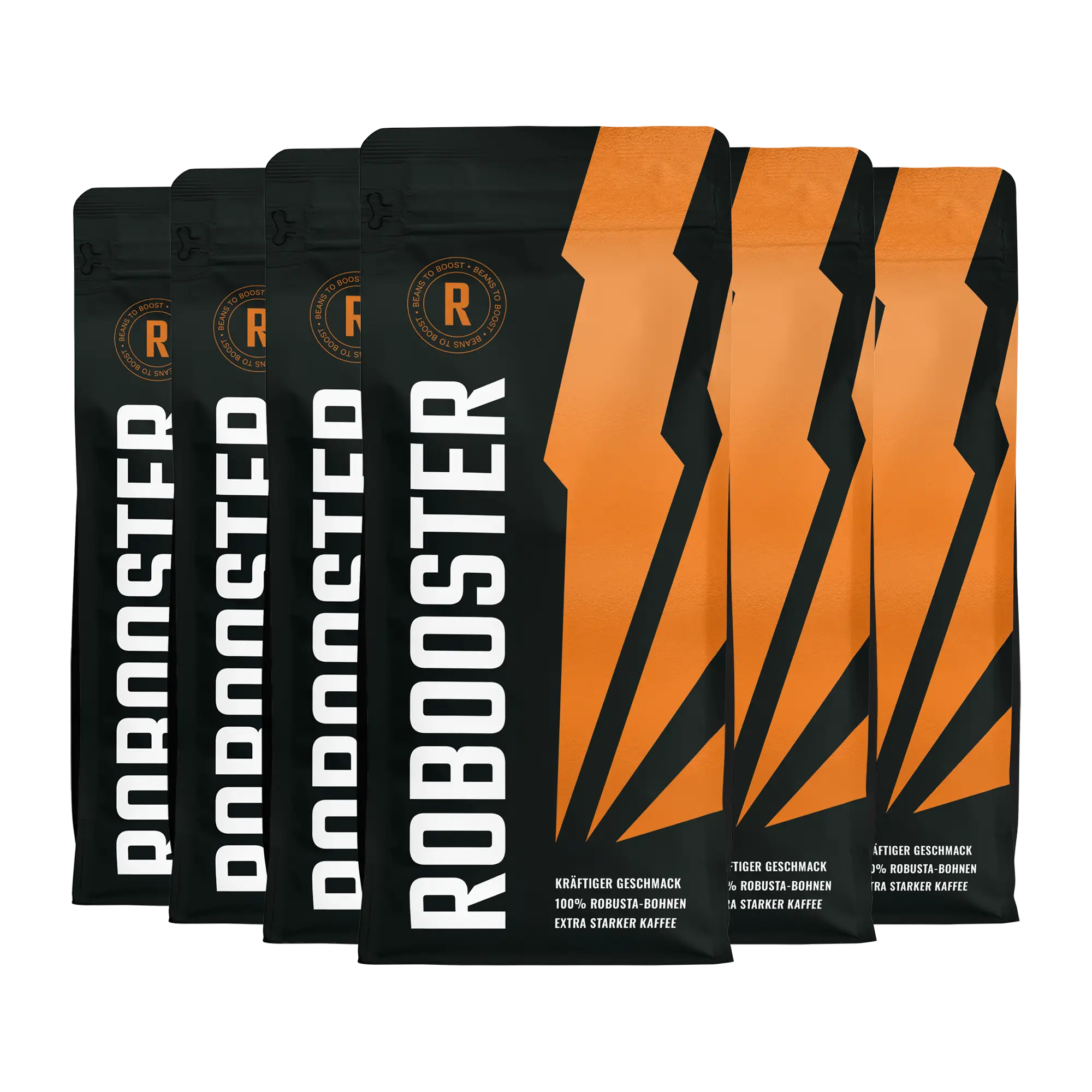 Sechs Robooster Kaffeeverpackung mit markantem Blitzdesign in Schwarz und Orange.