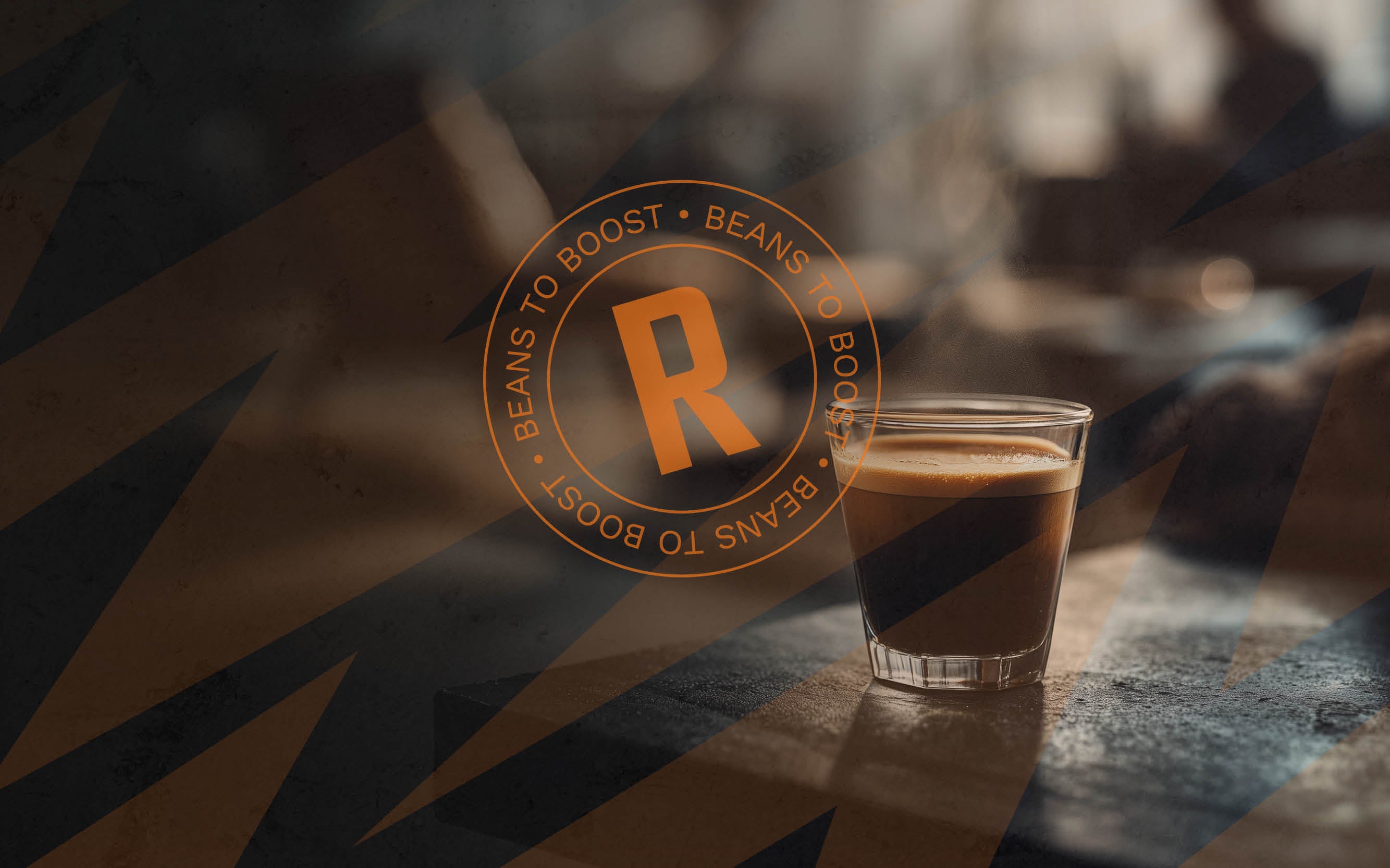 Ein Espresso auf einem Tisch mit einem grafischen Robooster Siegel als Overlay.