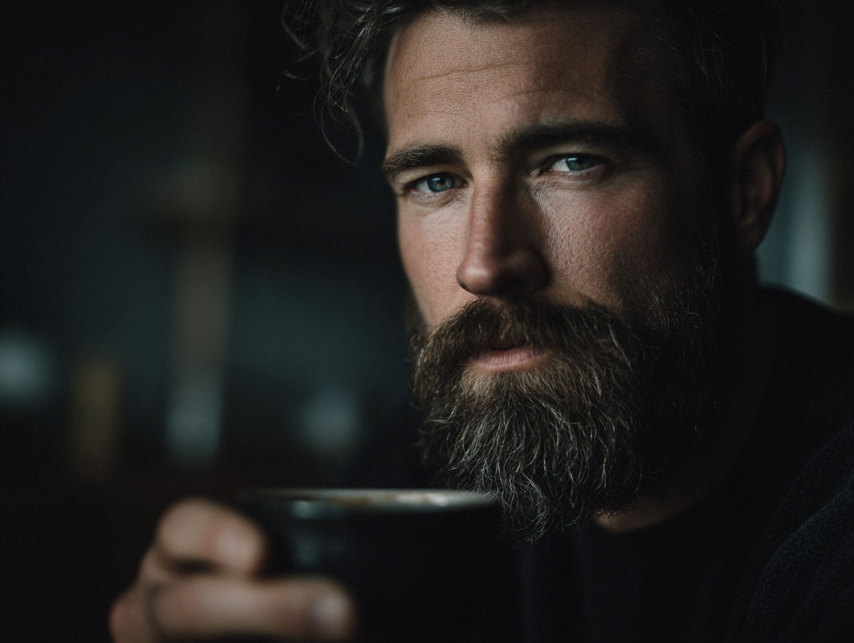 Ein Mann mit Bart hält eine Tasse Kaffee.