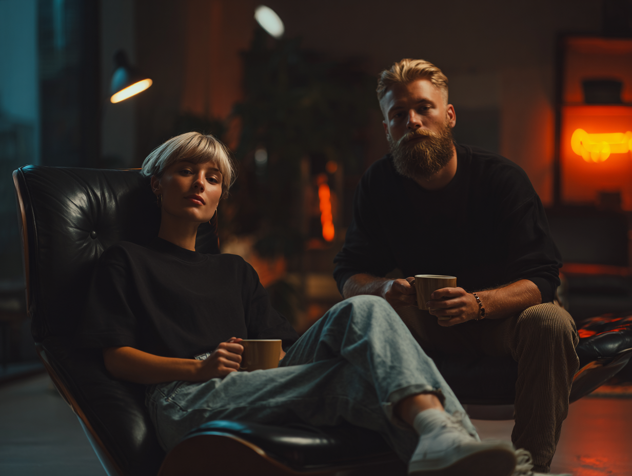 Eine Frau und ein Mann sitzen in einem modernen Wohnzimmer mit einem Espresso in der Hand.